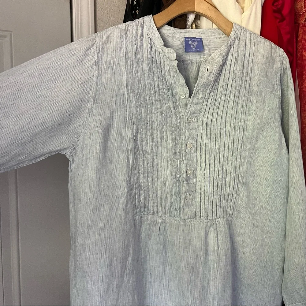 PINE CONE HILL blue striped linen popover long sleeve pleated pintuck mini dress
